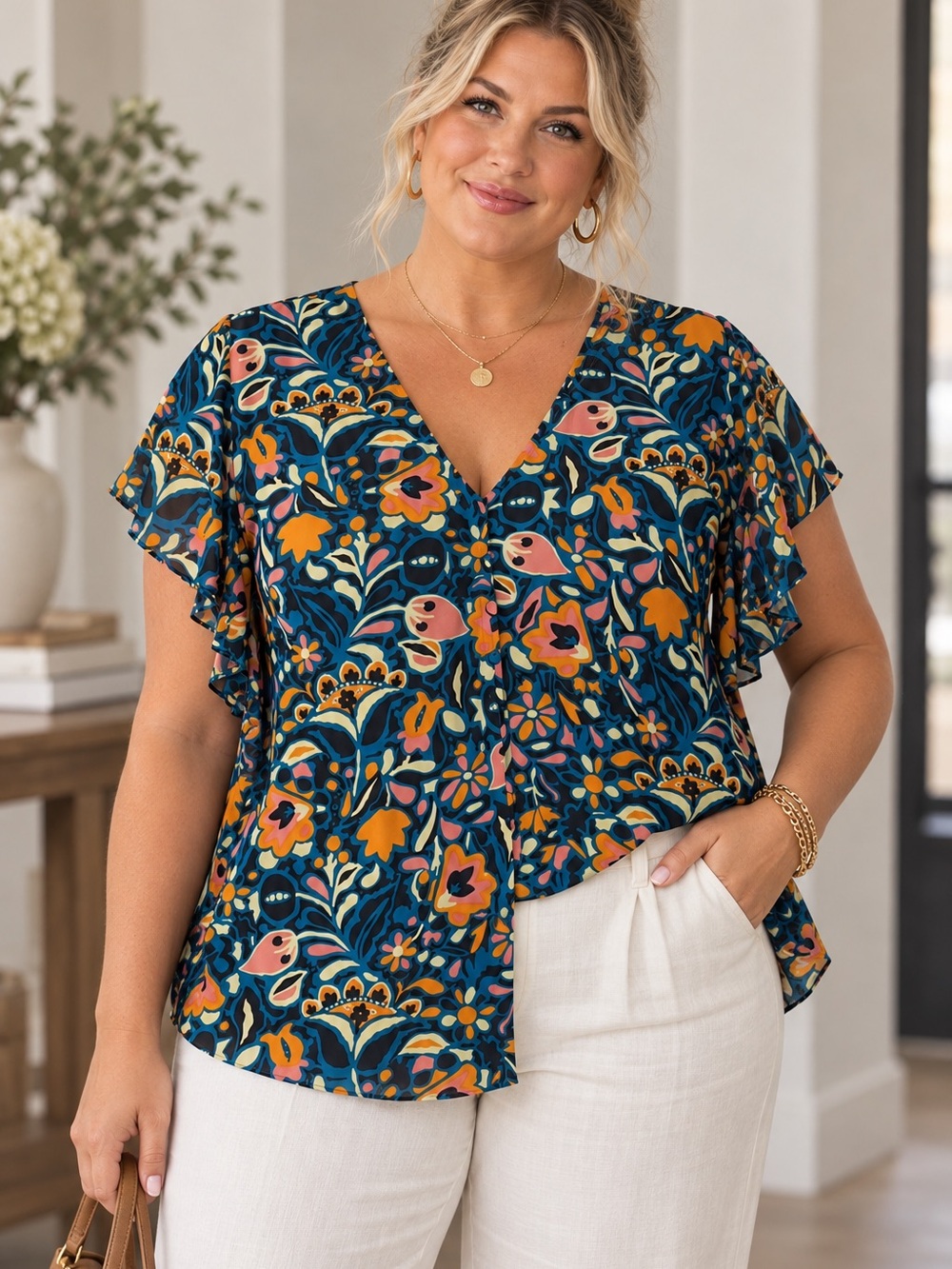 Premise Navy Floral V-Neck Flutter Sleeve Blouse-1x